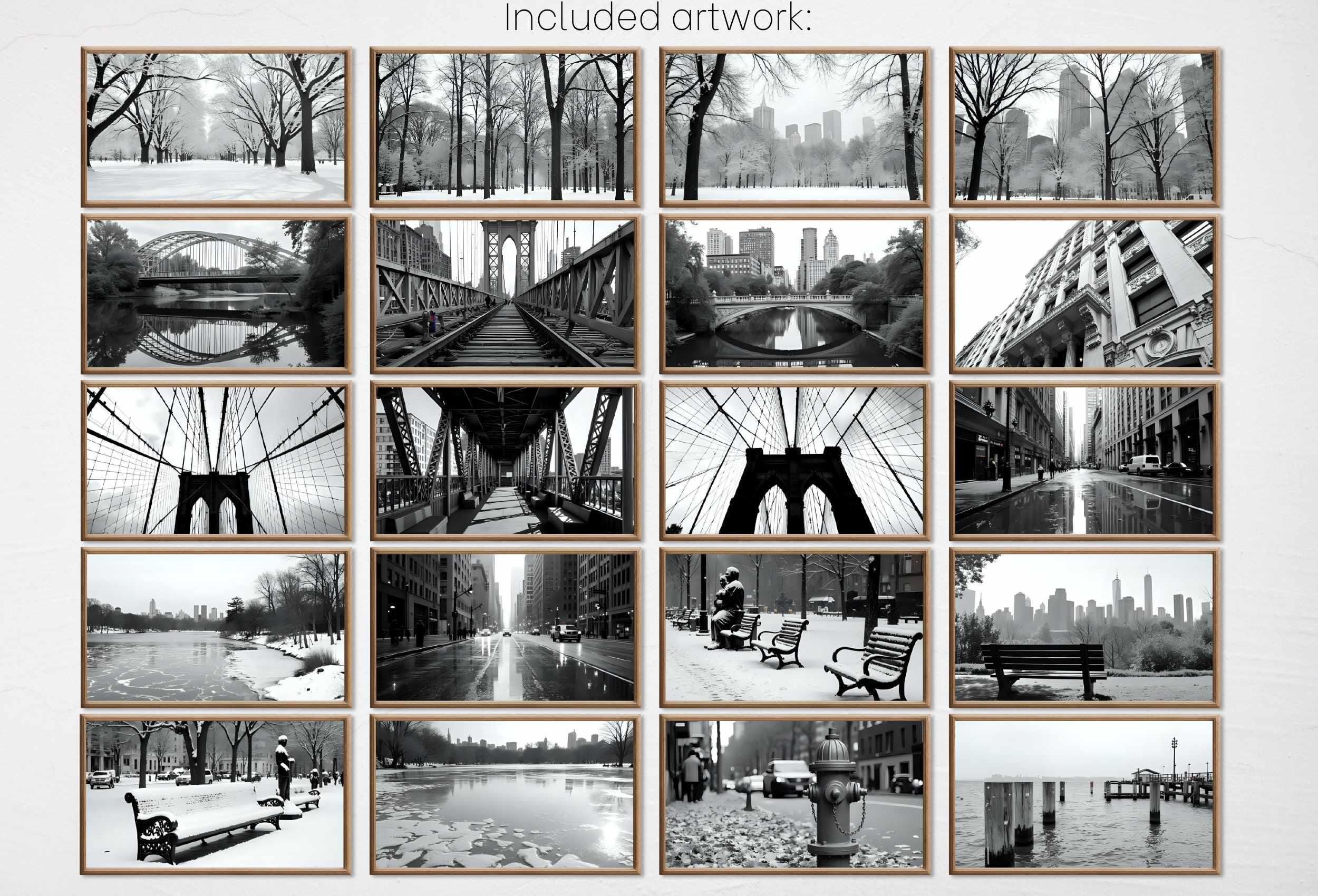 Black and White New York Wall Art for Samsung Frame TV | NYC Skyline, Brooklyn Urban Gallery Wall Set | Contemporary Modern Minimalist Art