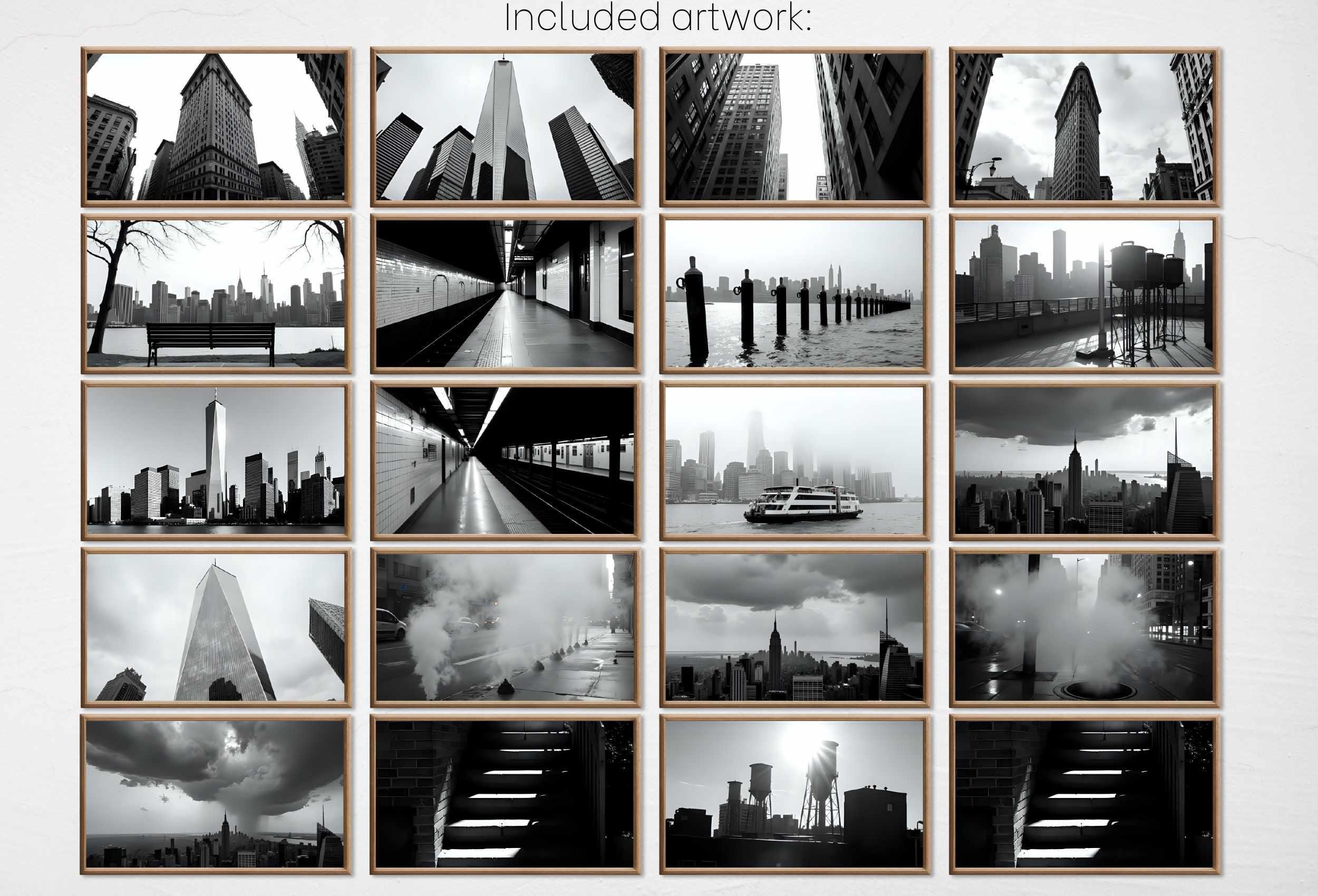 Black and White New York Wall Art for Samsung Frame TV | NYC Skyline, Brooklyn Urban Gallery Wall Set | Contemporary Modern Minimalist Art