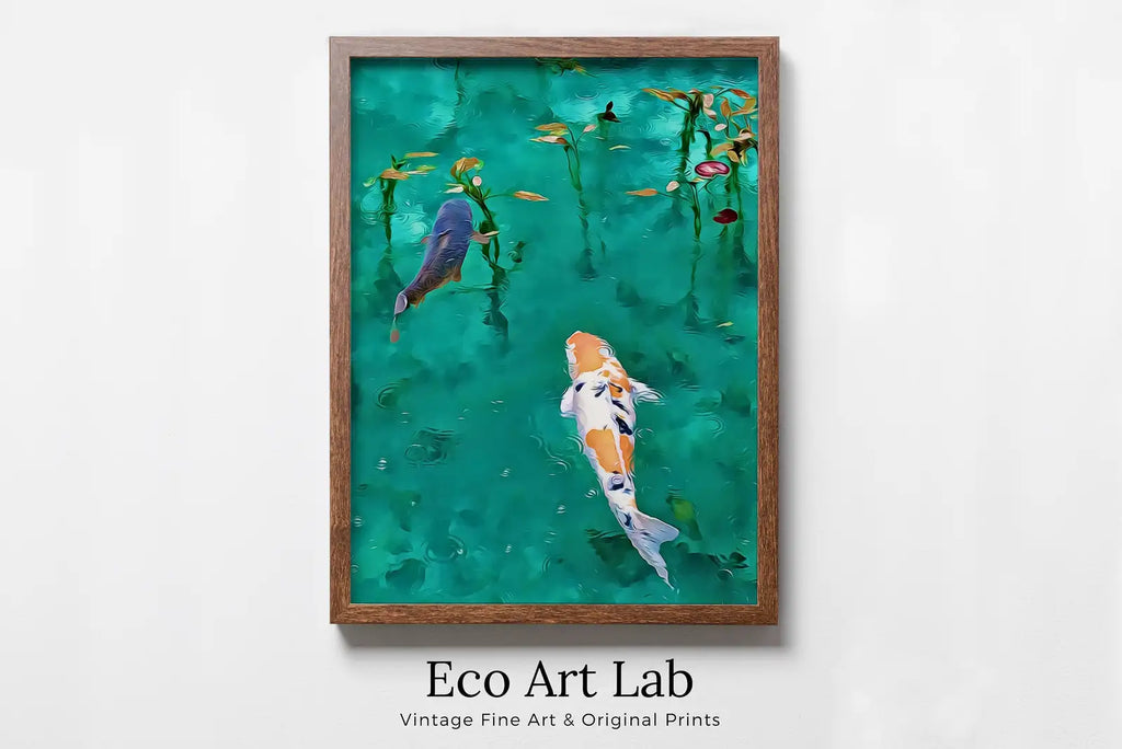 Framed view of Instant Download Digital Koi Fish Painting. Koi Fish Wall Art. Colorful Wall Art. Koi Fish Print. Poster Print Japanese Koi Zen Art – printable wall art digital download.