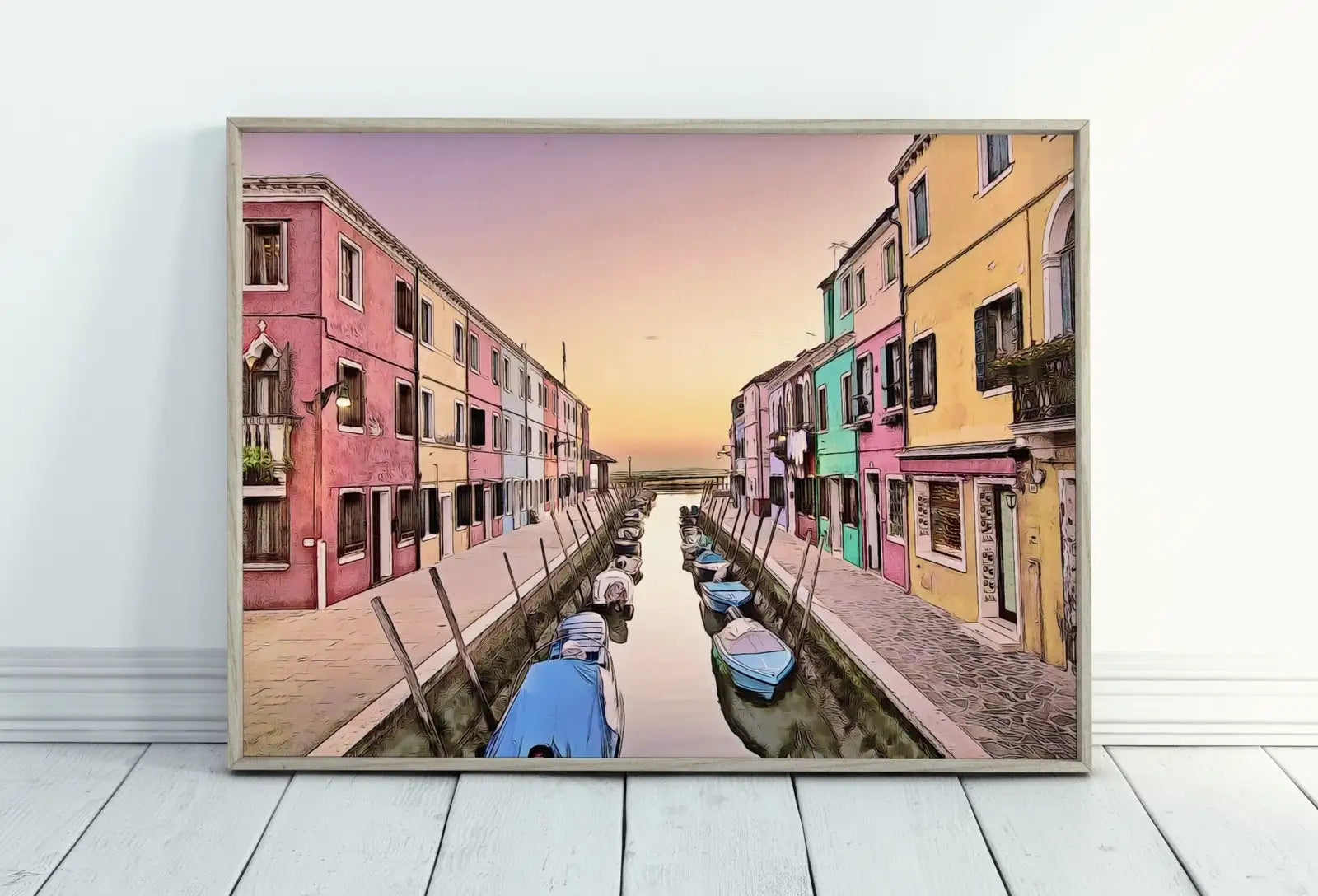 Framed view of Italy Venice Wall Art: Sunset in Burano Printable Wall Art. Instant Download Italy Poster Sunset Wall Art. Colorful Pastel Home Decor – printable wall art digital download.