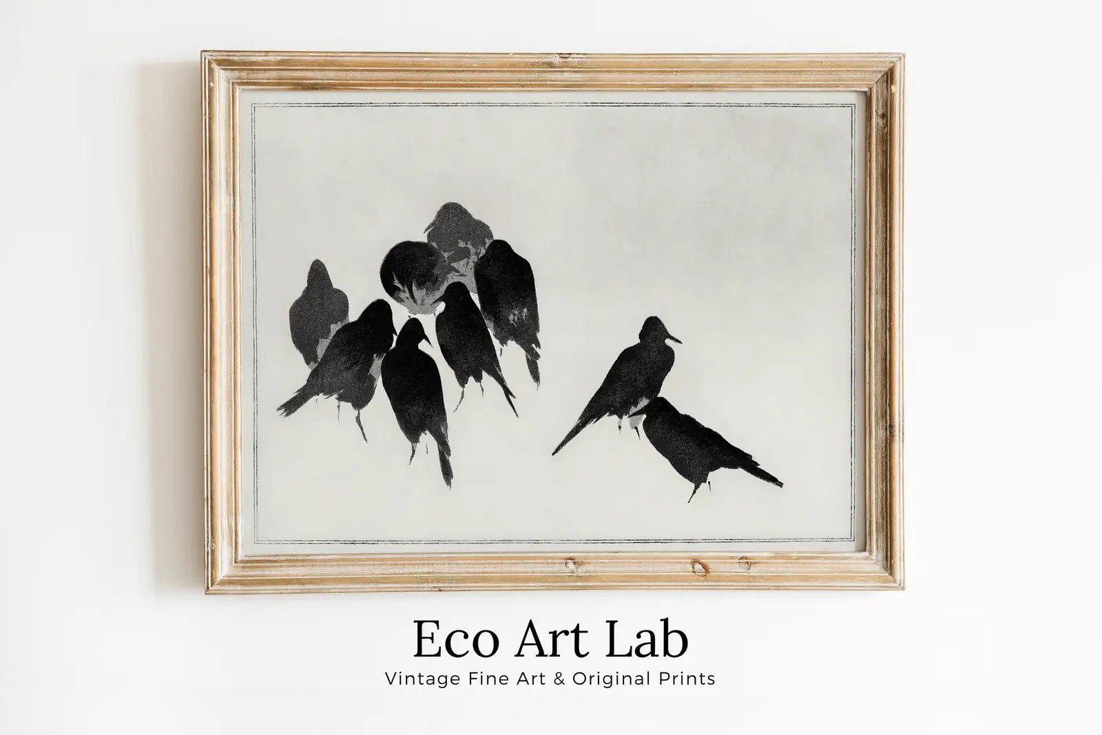 Framed view of Japanese Crows Illustration Vintage Japanese Wall Art Printable Poster. 19th Century Japanese Vintage Wall Art Crow Japanese Painting – printable wall art digital download.