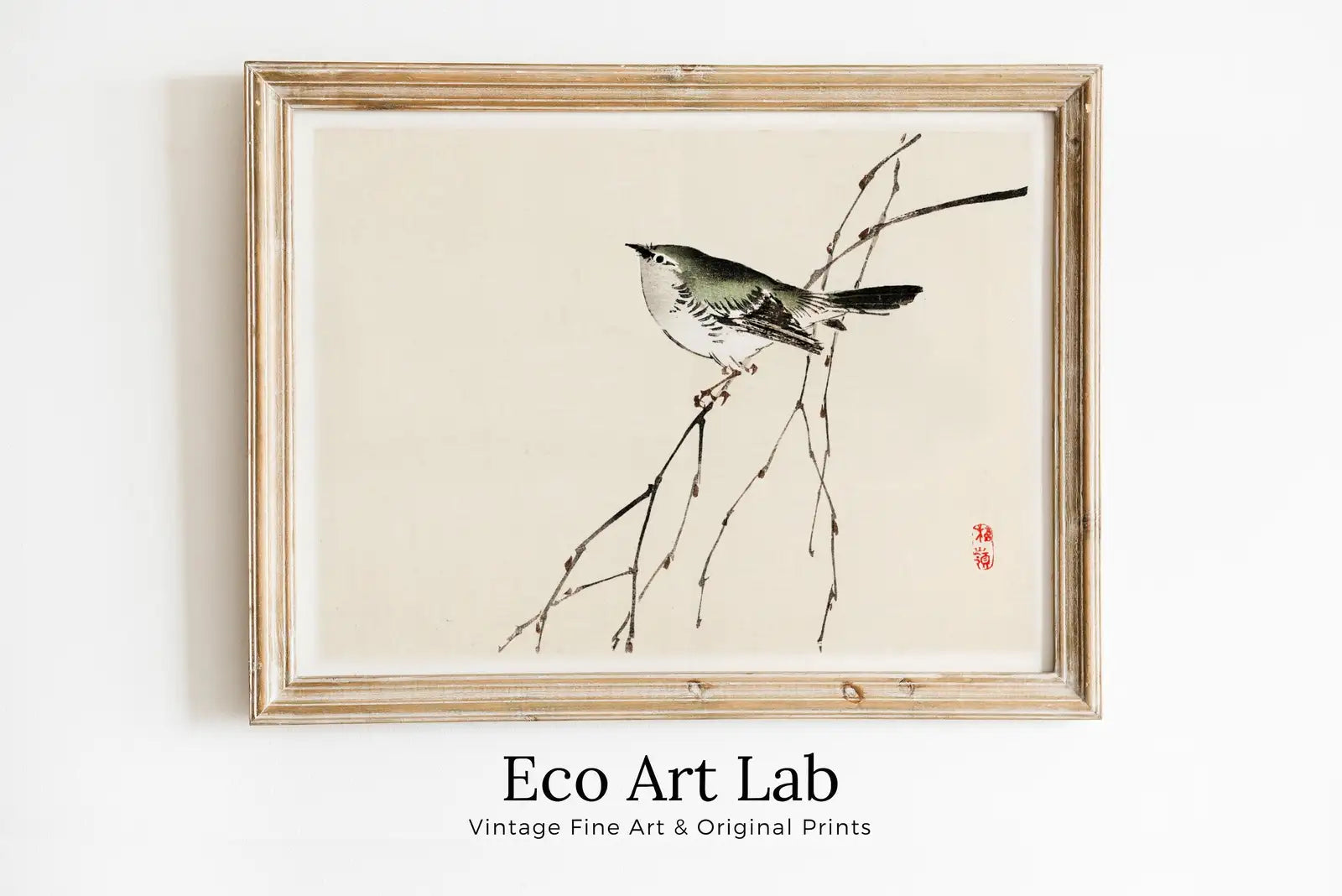 Framed view of Japanese Painting Bird on a Branch Vintage Wall Art Printable Poster. 19th Century Japanese Vintage Art Print. Minimalist Japanese Decor – printable wall art digital download.