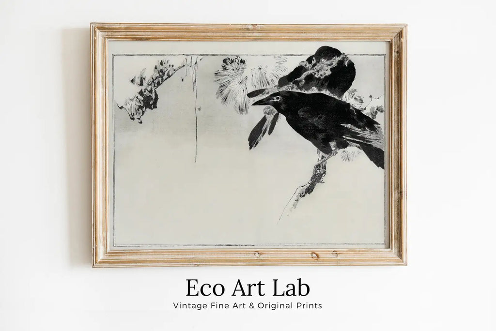 Framed view of Japanese Painting Crows Perched on a Branch Vintage Wall Art Printable Poster. 19th Century Japanese Vintage Wall Art Crow Japanese Painting – printable wall art digital download.