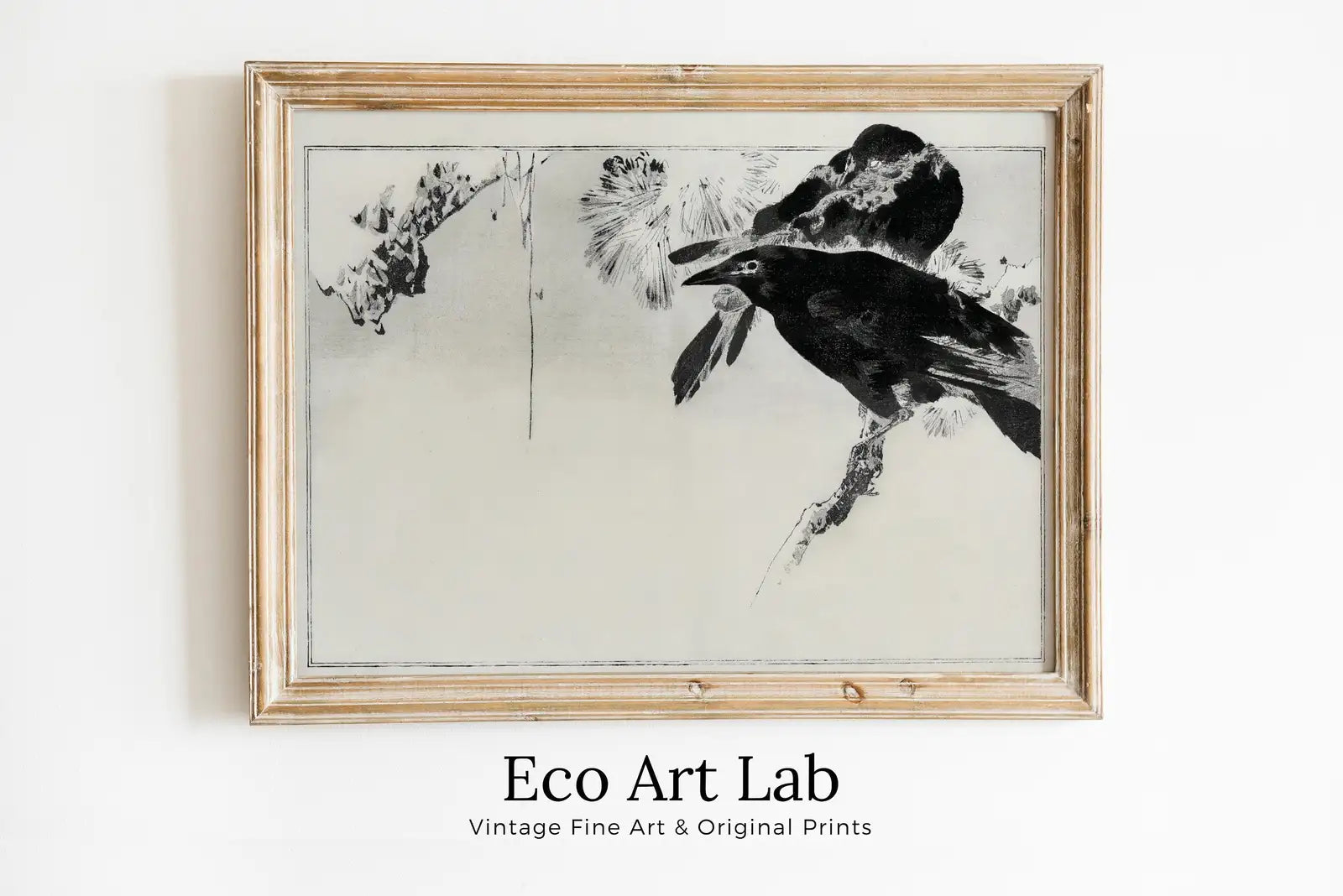 Framed view of Japanese Painting Crows Perched on a Branch Vintage Wall Art Printable Poster. 19th Century Japanese Vintage Wall Art Crow Japanese Painting – printable wall art digital download.