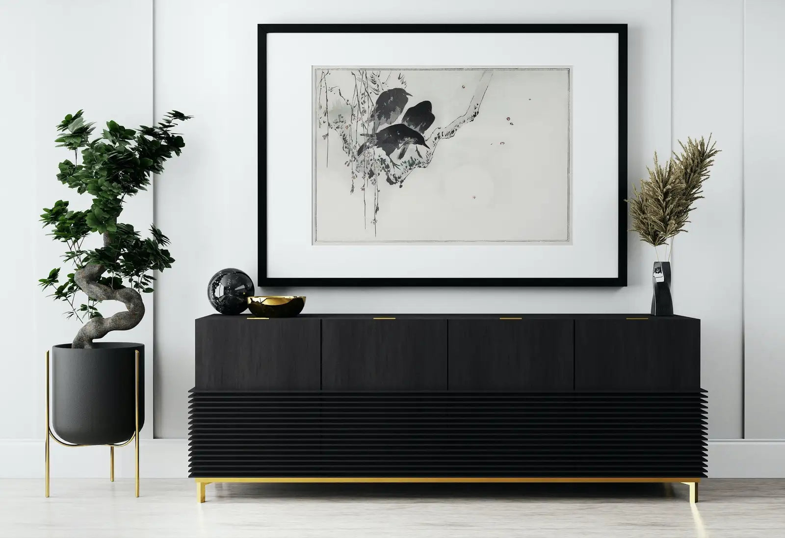 Detail view of artwork from Japanese Painting Three Crows on a Branch Vintage Wall Art Printable Poster. 19th Century Japanese Vintage Wall Art Crow Japanese Painting. (variation 1)