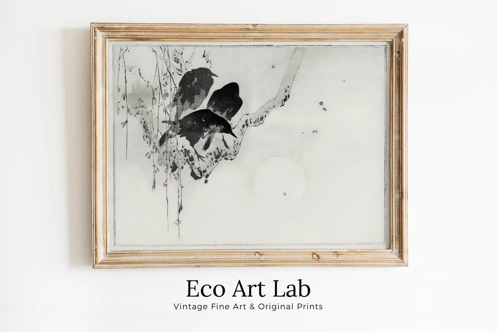 Framed view of Japanese Painting Three Crows on a Branch Vintage Wall Art Printable Poster. 19th Century Japanese Vintage Wall Art Crow Japanese Painting – printable wall art digital download.