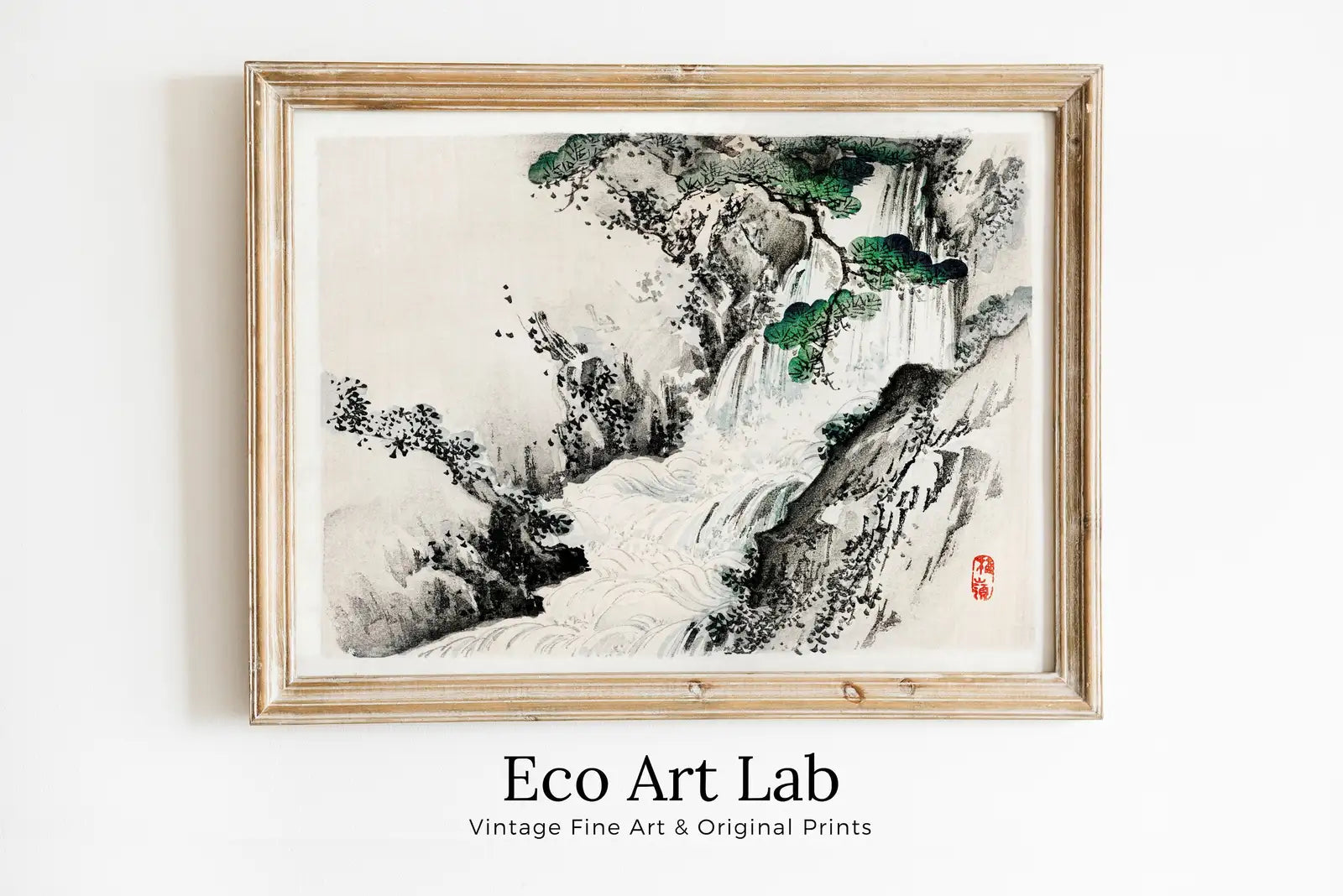 Framed view of Japanese Painting Waterfall Landscape Vintage Wall Art Printable Poster. 19th Century Japanese Vintage Art Print. Minimalist Japanese Decor – printable wall art digital download.