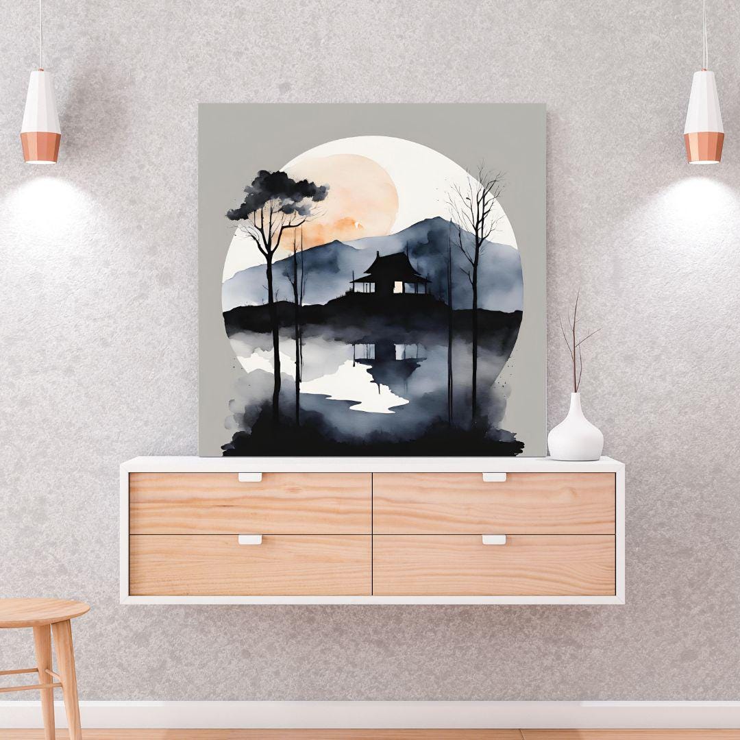 Japanese Wall Art. Watercolor Printable Landscape. Modern Square Art Print For Dark Decor – Printable Wall Art Digital Download – Digital Download