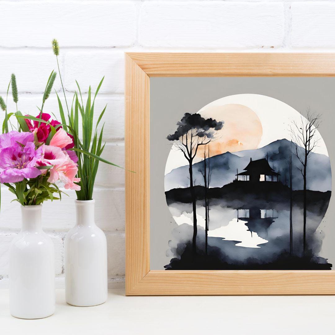 Japanese Wall Art. Watercolor Printable Landscape. Modern Square Art Print For Dark Decor – Printable Wall Art Digital Download – Digital Download