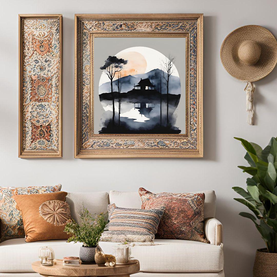 Japanese Wall Art. Watercolor Printable Landscape. Modern Square Art Print For Dark Decor – Printable Wall Art Digital Download – Digital Download
