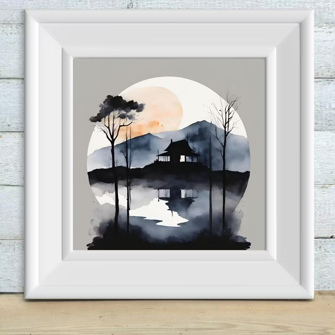 Japanese Wall Art. Watercolor Printable Landscape. Modern Square Art Print For Dark Decor – Printable Wall Art