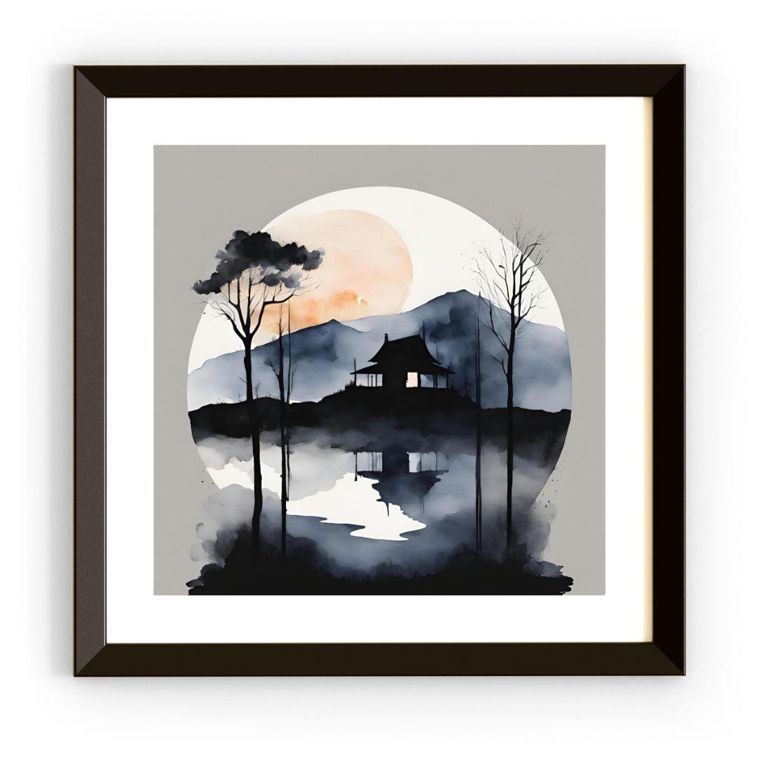 Japanese Wall Art. Watercolor Printable Landscape. Modern Square Art Print For Dark Decor – Printable Wall Art Digital Download – Digital Download