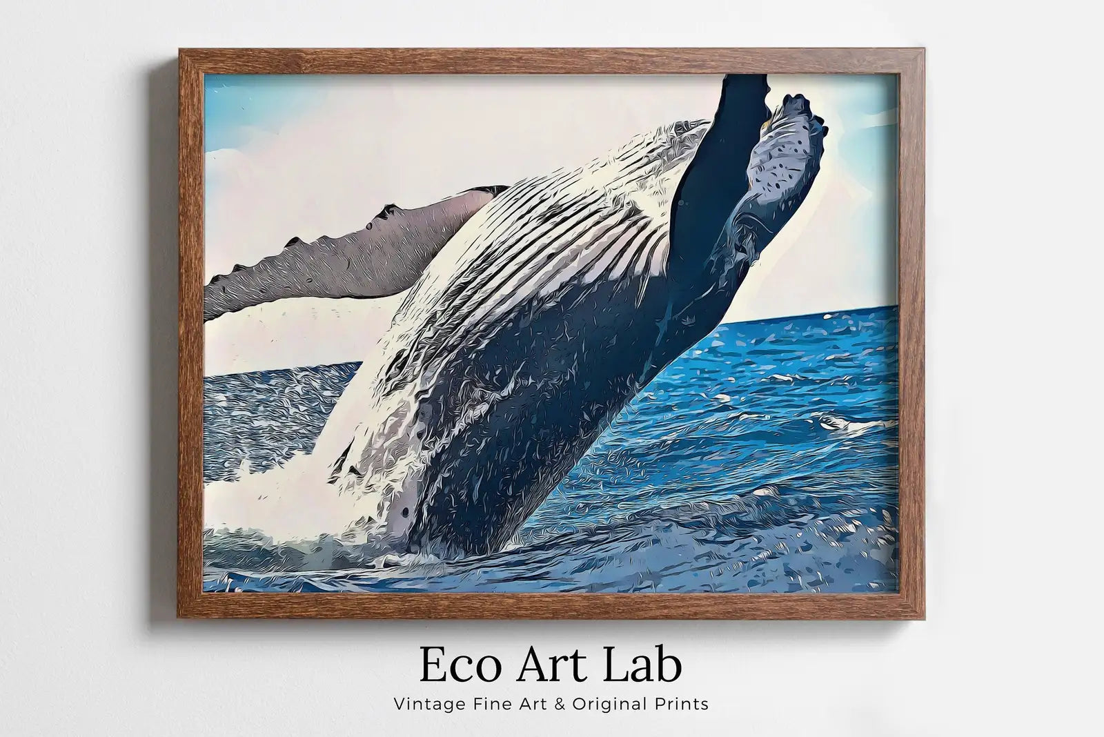 Framed view of Jumping Whale Digital Painting Wall Art. Whale Printable Wall Art, Instant Download Ocean Art, Digital Print Whale Poster. Whale Art Print – printable wall art digital download.