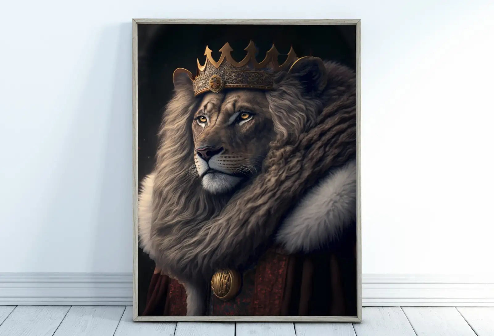 Framed view of King Lion Digital Art Print. Printable Wall Art. Modern Lion Artwork. Instant Download. Contemporary Animal Poster. Lion Portrait – printable wall art digital download.