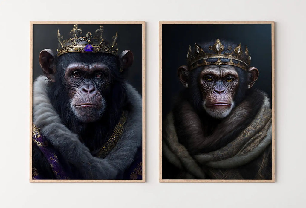 Ensemble de 2 arts de chimpanzés roi et reine. Peinture numérique pour art mural. Affiche de couple de singes. Art mural contemporain en 2 pièces