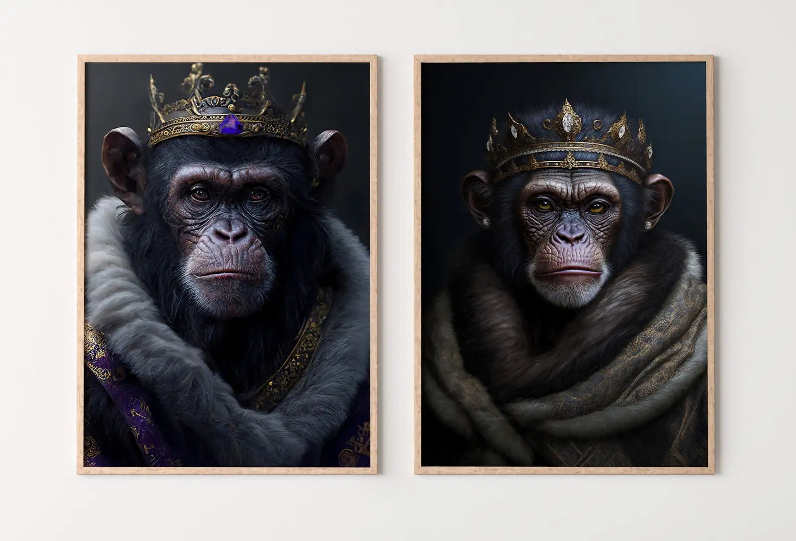 Ensemble de 2 arts de chimpanzés roi et reine. Peinture numérique pour art mural. Affiche de couple de singes. Art mural contemporain en 2 pièces
