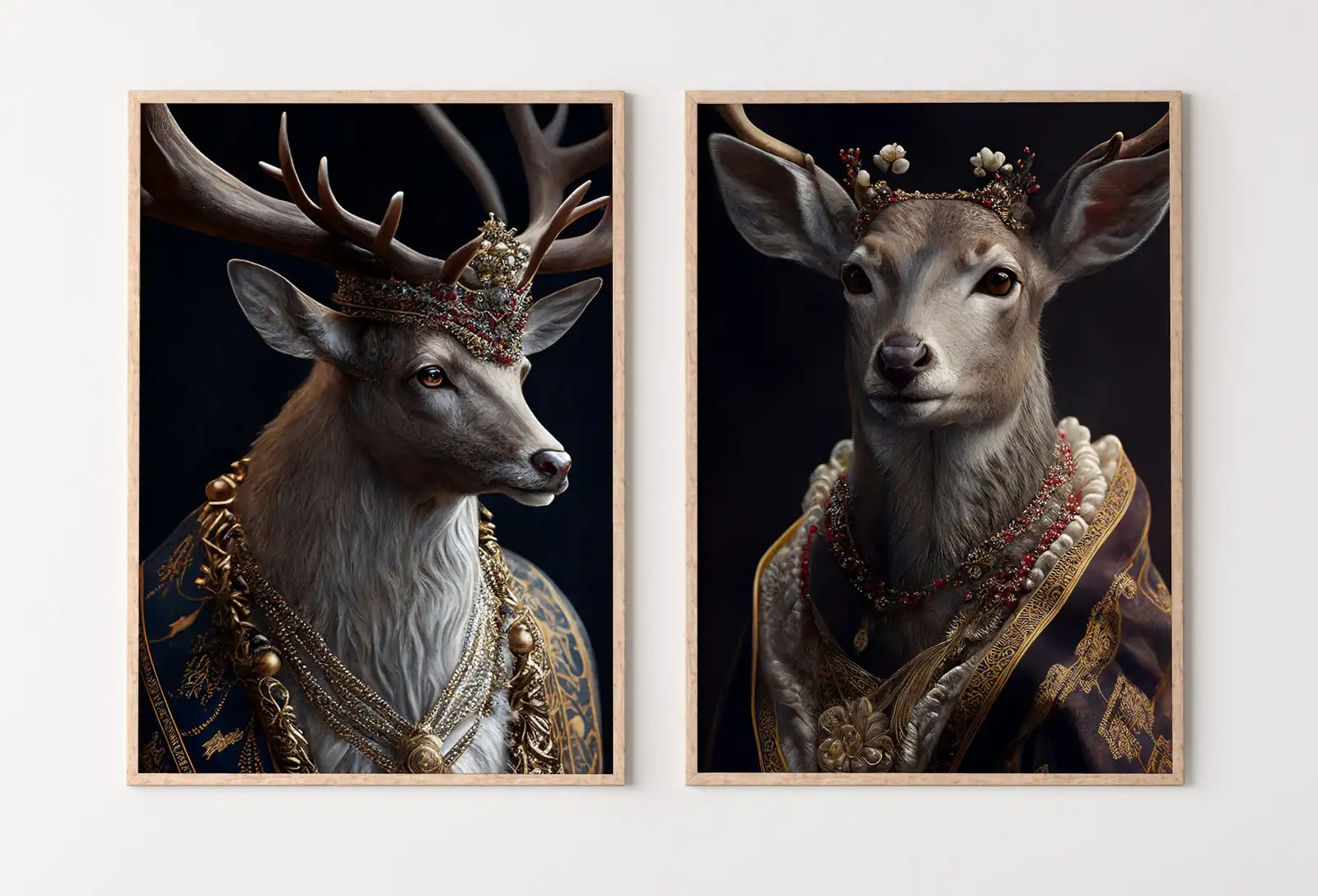 Tableau de cerfs roi et reine, art contemporain : Une peinture numérique de cerfs en couple. Idéale pour une décoration moderne. Téléchargez ces deux impressions pour vos murs.