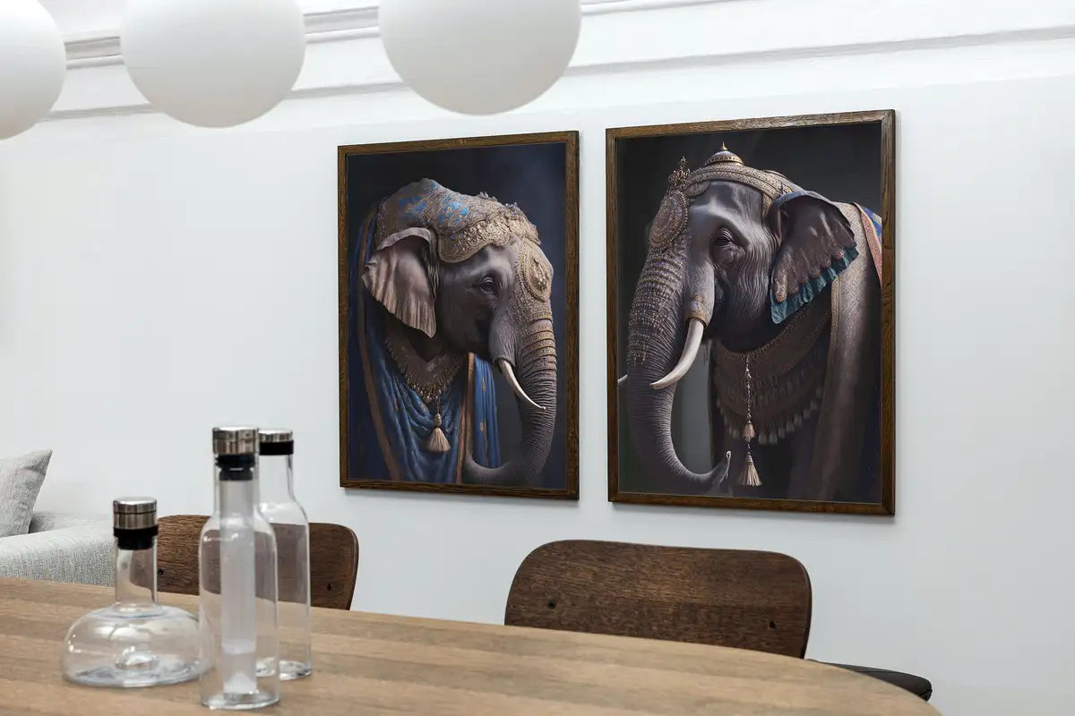 Ensemble de 2 impressions ‘Roi & Reine éléphants’ - Peinture numérique, art mural imprimable, affiche de couple d’éléphants, ensemble de 2 pièces d’art mural animalier contemporain.