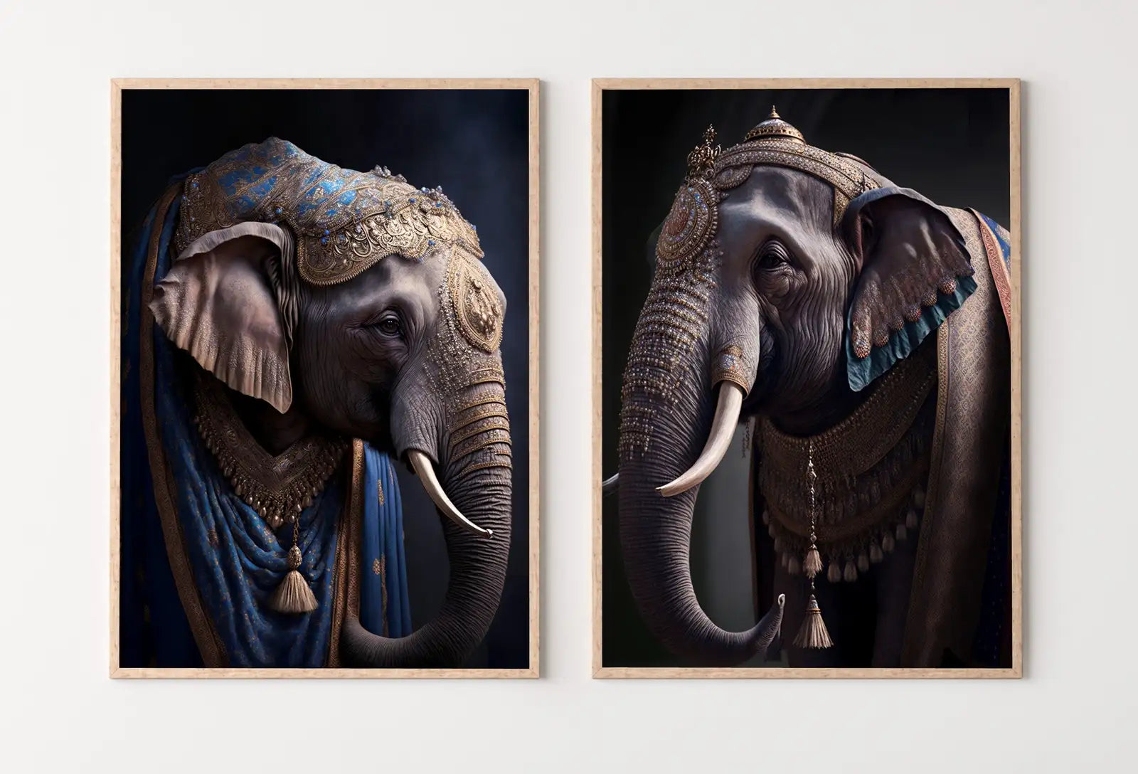 Ensemble de 2 impressions ‘Roi & Reine éléphants’ - Peinture numérique, art mural imprimable, affiche de couple d’éléphants, ensemble de 2 pièces d’art mural animalier contemporain.