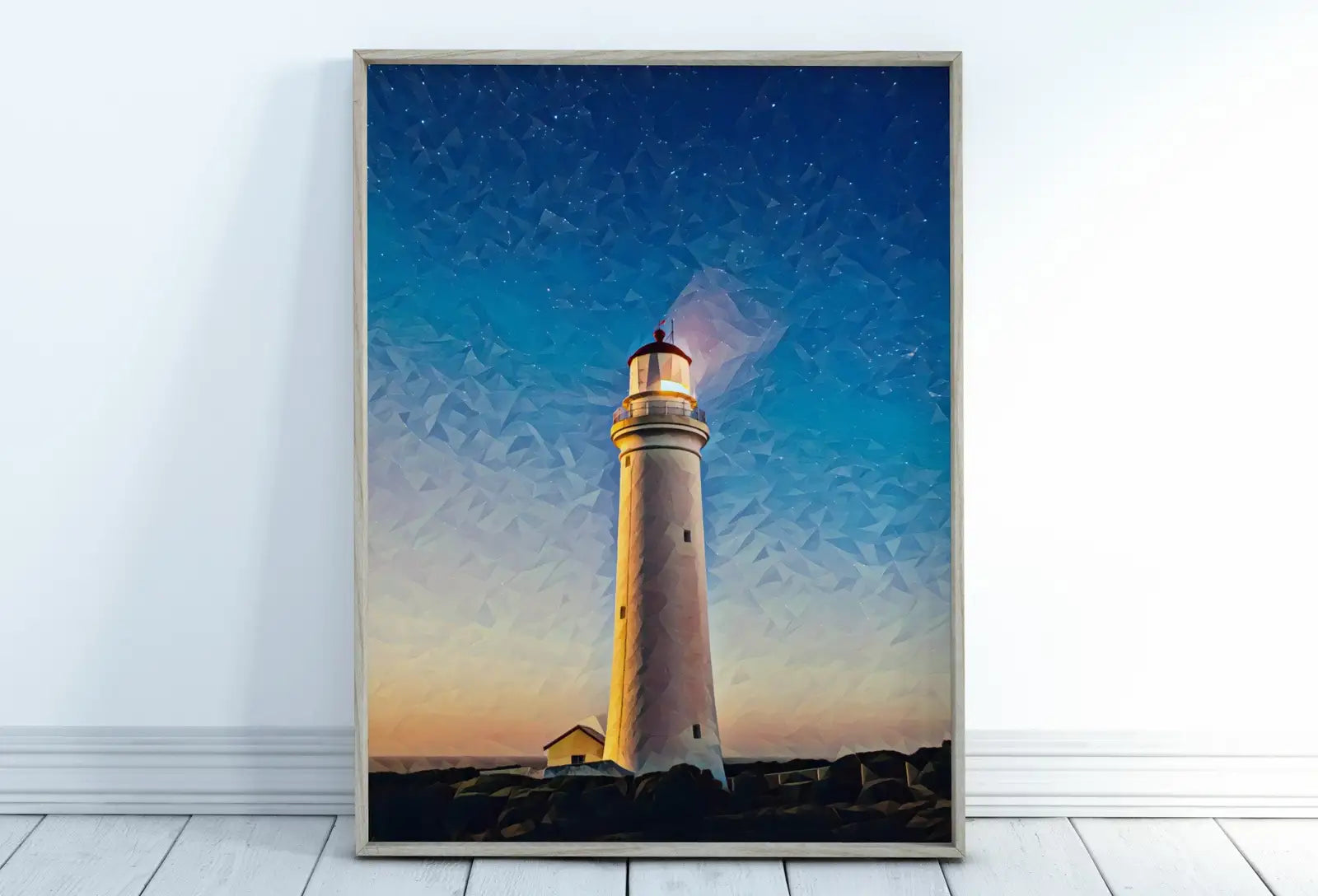 Detail view of artwork from Lighthouse at Dusk with Night Sky, Printable Wall Art Lighthouse Painting, Nautical Wall Art, Lighthouse Poster Print, Nautical Wall Decor. (variation 1)