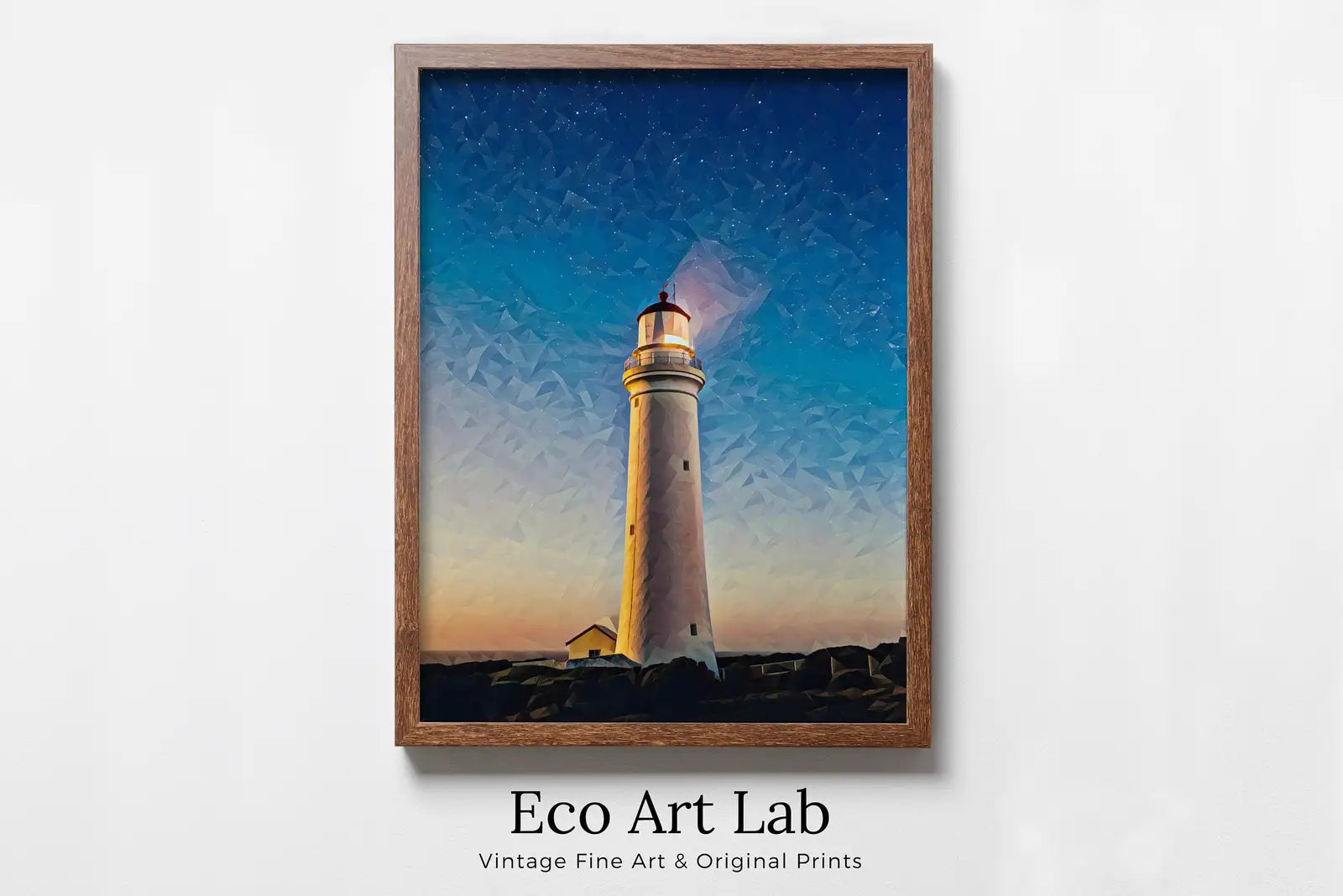 Framed view of Lighthouse at Dusk with Night Sky, Printable Wall Art Lighthouse Painting, Nautical Wall Art, Lighthouse Poster Print, Nautical Wall Decor – printable wall art digital download.