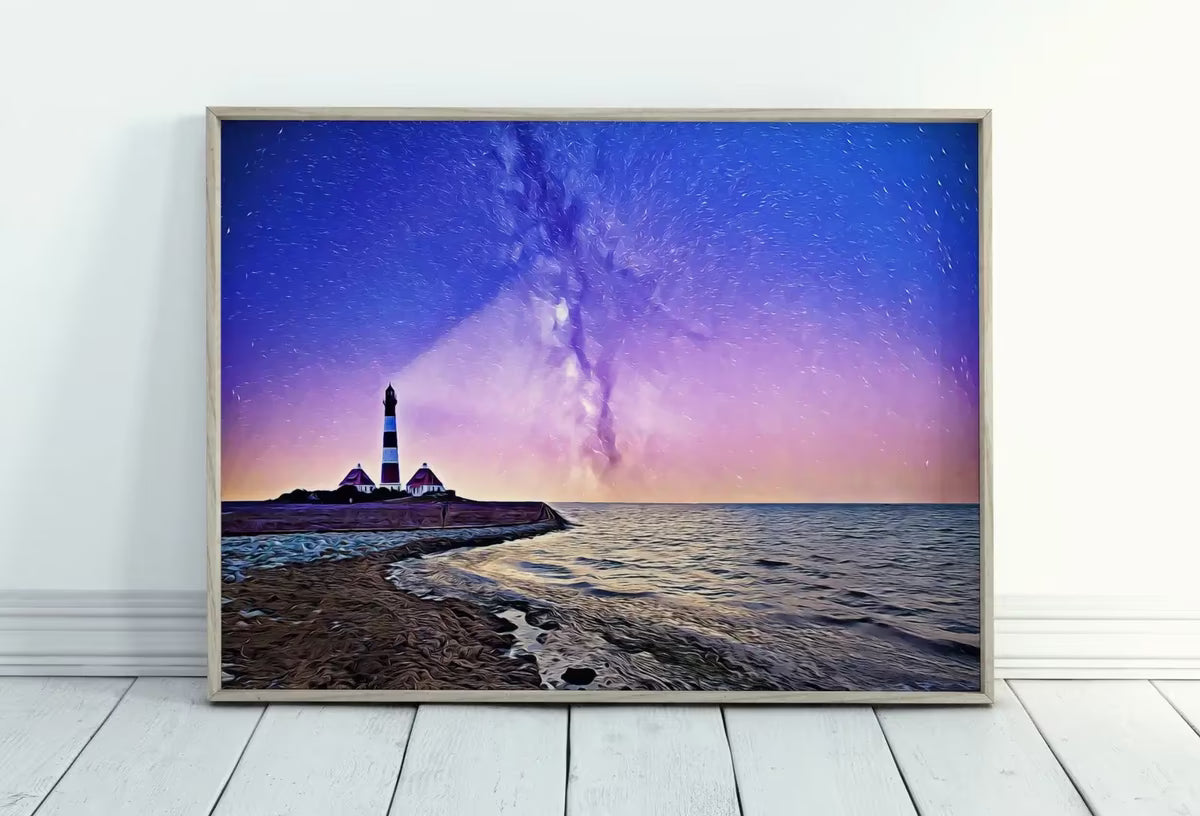 Lighthouse at Night with Starry Sky Landscape, Printable Wall Art Lighthouse Painting, Nautical Wall Art, Lighthouse Poster Nautical Decor – Printable Wall Art