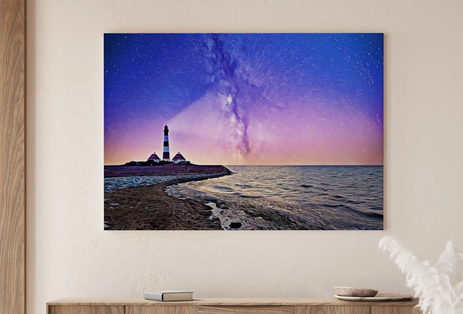 Detail view of artwork from Lighthouse at Night with Starry Sky Landscape, Printable Wall Art Lighthouse Painting, Nautical Wall Art, Lighthouse Poster Nautical Decor. (variation 1)