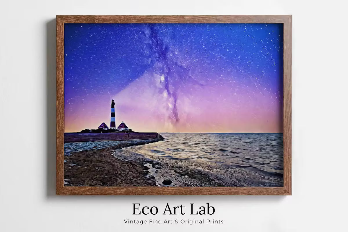 Lighthouse at Night with Starry Sky Landscape, Printable Wall Art Lighthouse Painting, Nautical Wall Art, Lighthouse Poster Nautical Decor – Printable Wall Art