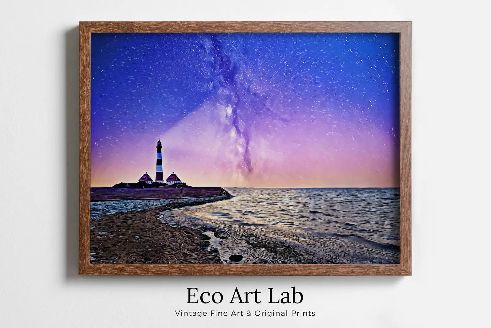 Framed view of Lighthouse at Night with Starry Sky Landscape, Printable Wall Art Lighthouse Painting, Nautical Wall Art, Lighthouse Poster Nautical Decor – printable wall art digital download.