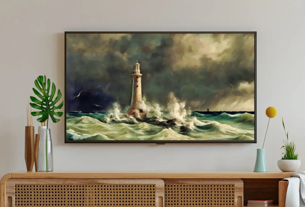 Phare dans la tempête en mer : Art pour Samsung Frame TV - Téléchargement numérique pour l’art mural côtier et océanique du Samsung Frame TV.