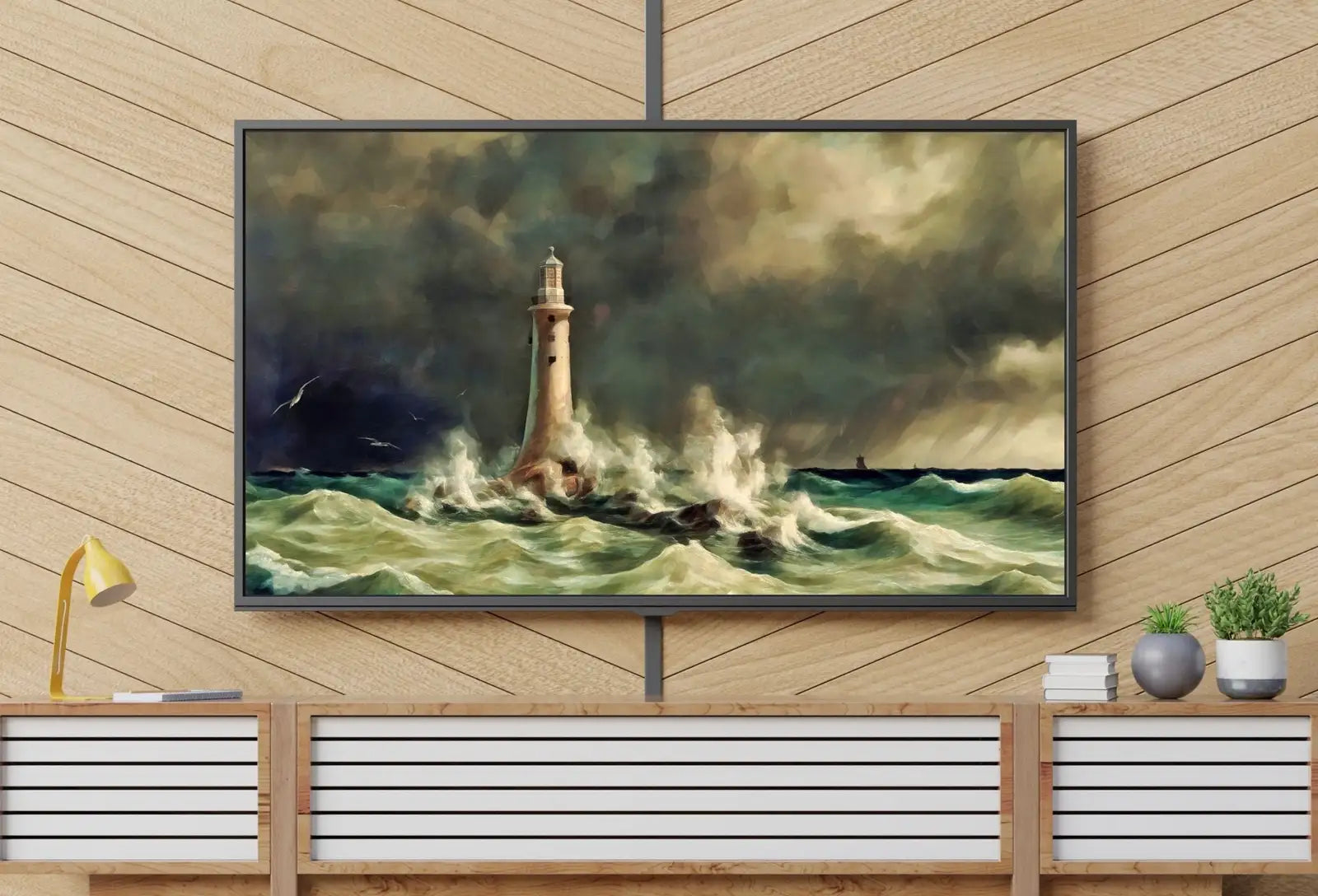 Phare dans la tempête en mer : Art pour Samsung Frame TV - Téléchargement numérique pour l’art mural côtier et océanique du Samsung Frame TV.