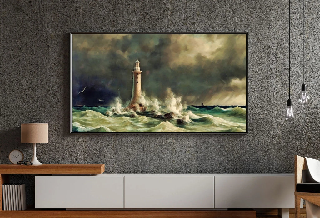 Phare dans la tempête en mer : Art pour Samsung Frame TV - Téléchargement numérique pour l’art mural côtier et océanique du Samsung Frame TV.