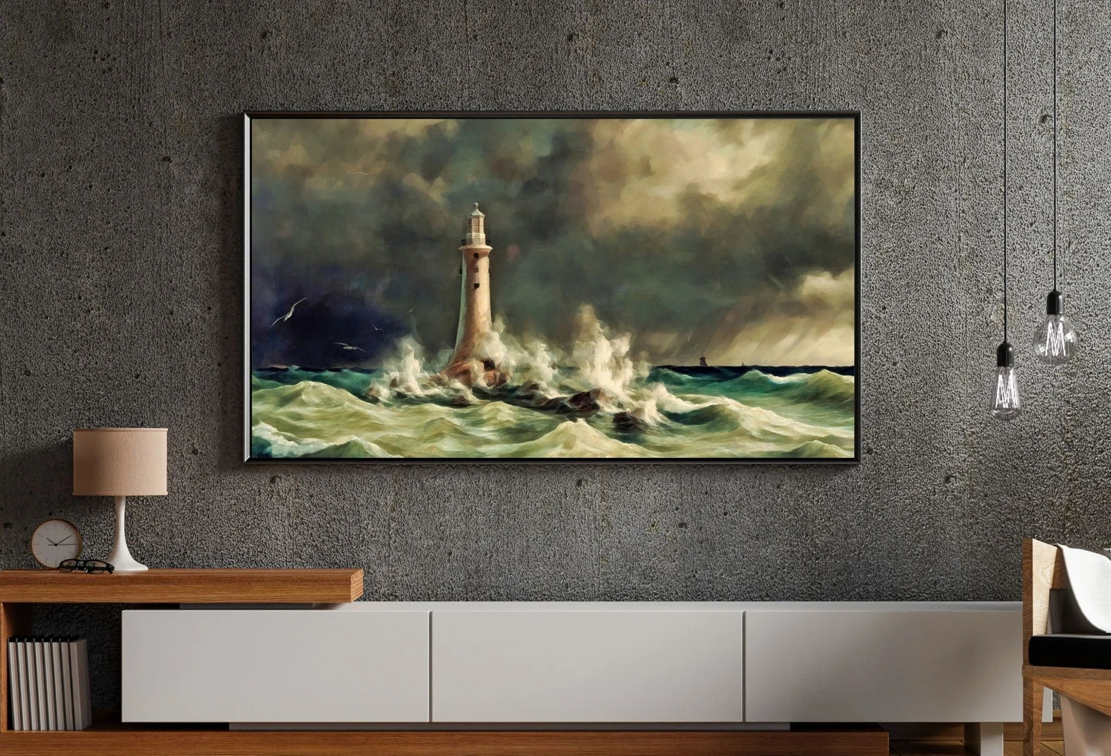 Phare dans la tempête en mer : Art pour Samsung Frame TV - Téléchargement numérique pour l’art mural côtier et océanique du Samsung Frame TV.