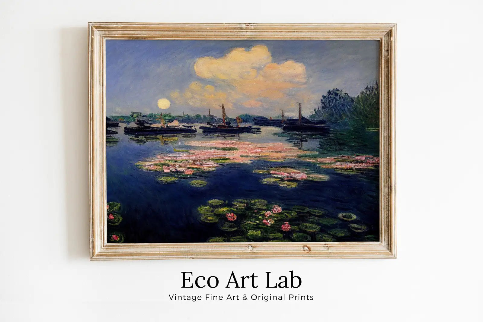 Framed view of Lilies on Lake View Monet Inspired Digital Painting. Instant Download Floral Decor. Monet Botanical Print Printable Wall Art. Abstract Decor – printable wall art digital download.