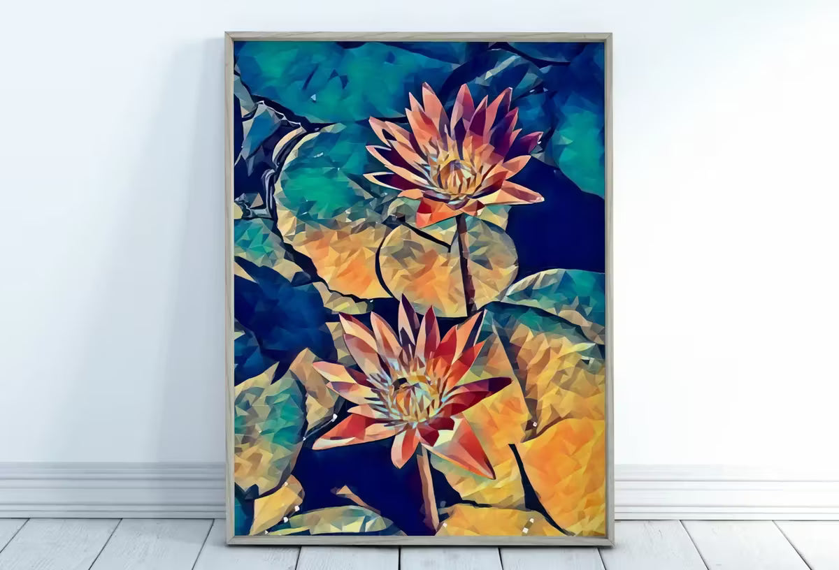 Lotus Flower Art, Botanical Flower Wall Decor. Two Lotus Flowers on Water Digital Painting. Floral Art Printable – Printable Wall Art