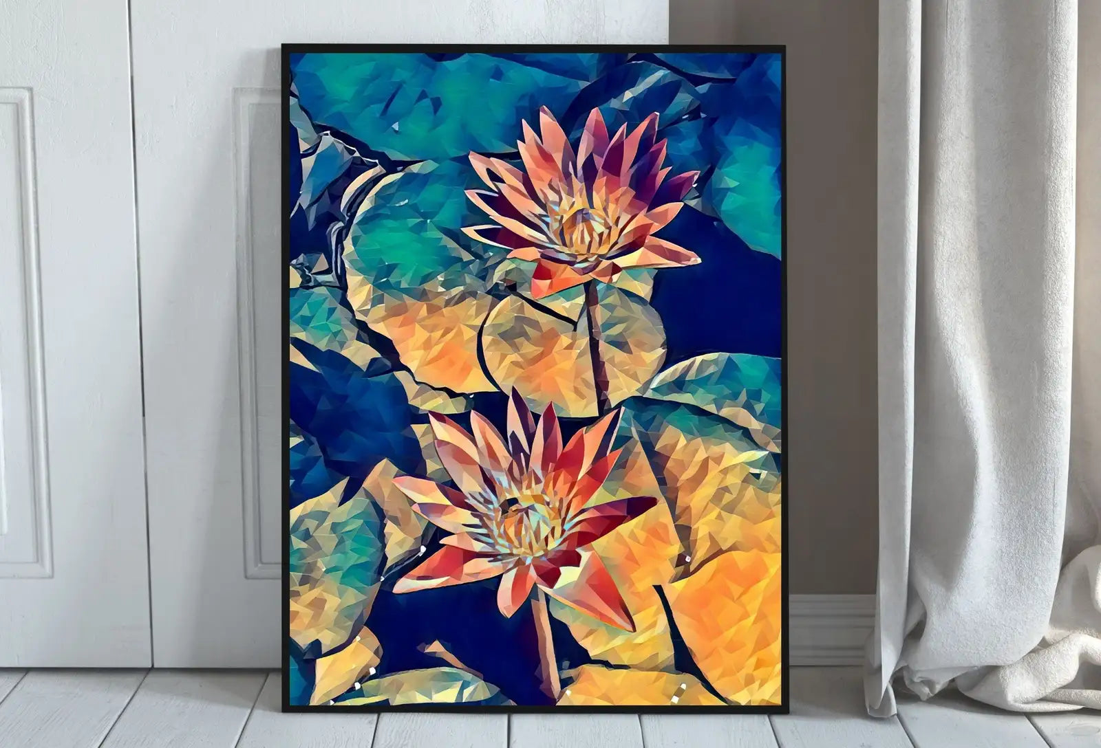 Detail view of artwork from Lotus Flower Art, Botanical Flower Wall Decor. Two Lotus Flowers on Water Digital Painting. Floral Art Printable. (variation 1)