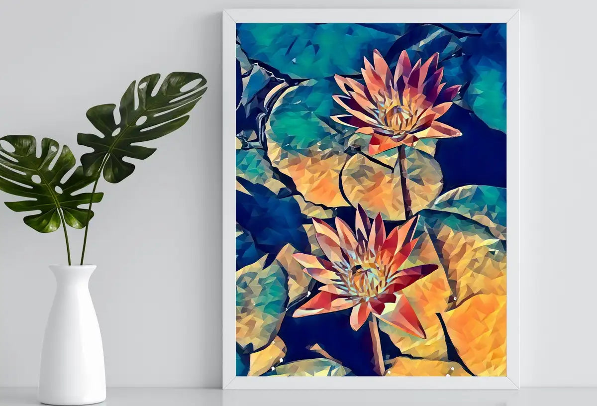Detail view of artwork from Lotus Flower Art, Botanical Flower Wall Decor. Two Lotus Flowers on Water Digital Painting. Floral Art Printable. (variation 2)