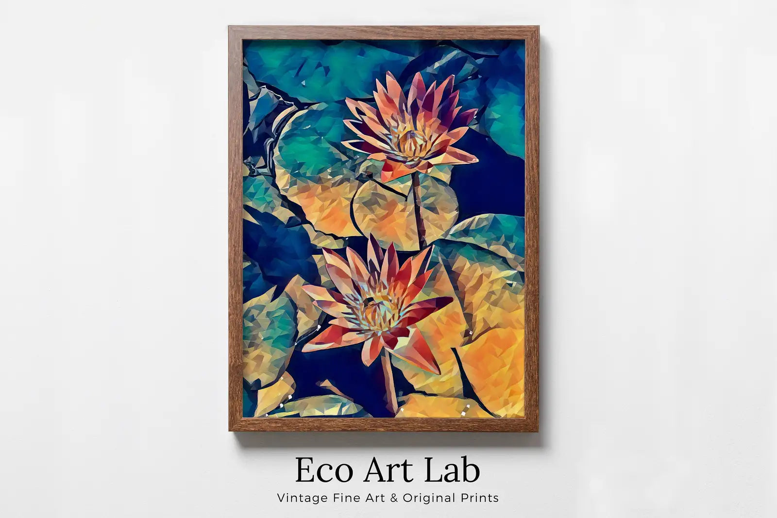 Framed view of Lotus Flower Art, Botanical Flower Wall Decor. Two Lotus Flowers on Water Digital Painting. Floral Art Printable – printable wall art digital download.