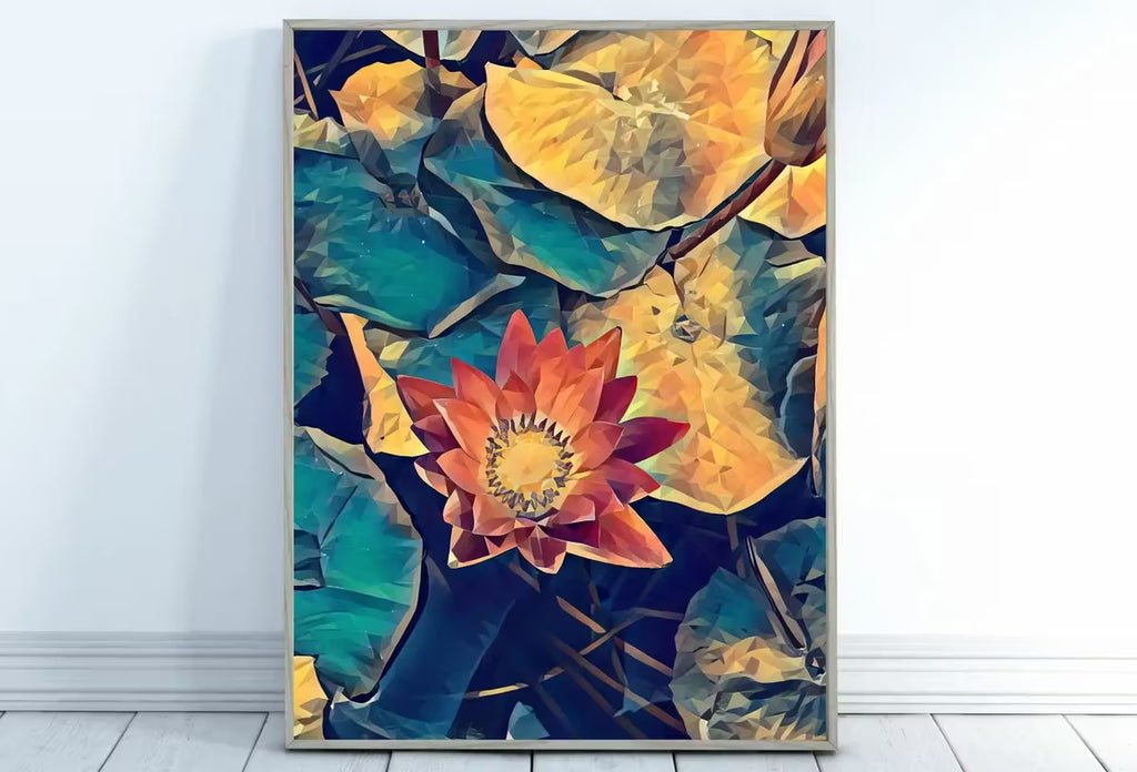 Lotus Flower Art | Botanical Wall Art | Flower Wall Decor | Single Lotus Flower and Leaves Digital Painting | Floral Art | Digital Printable – Printable Wall Art