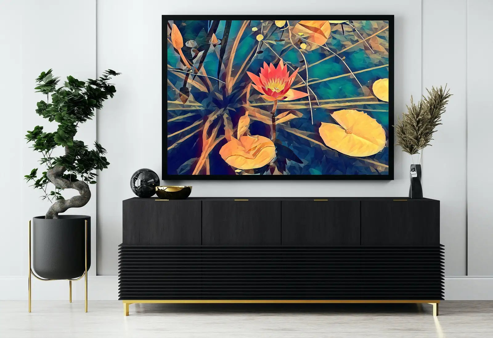 Detail view of artwork from Lotus Flower Botanical Wall Art. Flower Wall Decor. Lotus Flower on Water Digital Painting. Floral Art. (variation 1)