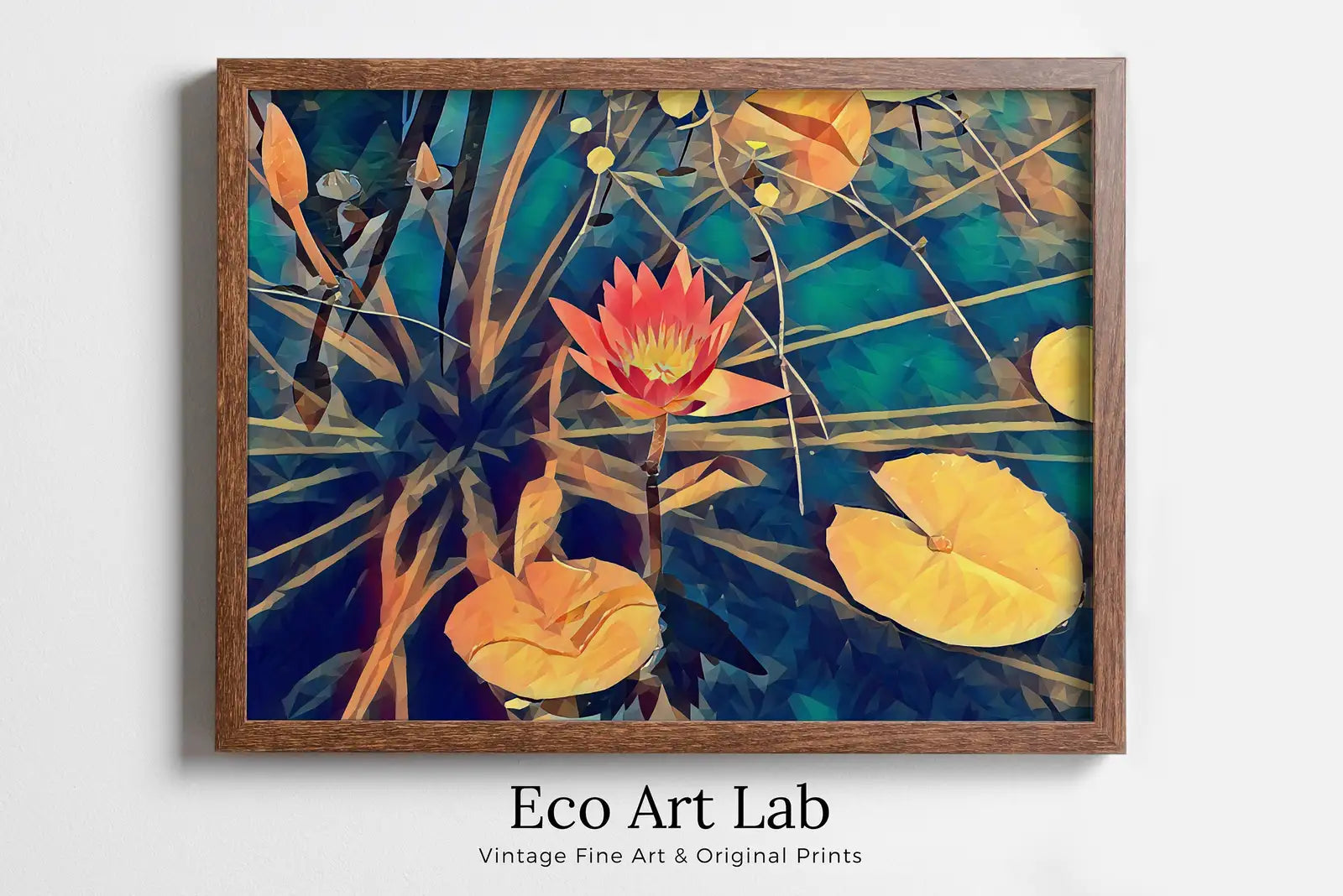 Framed view of Lotus Flower Botanical Wall Art. Flower Wall Decor. Lotus Flower on Water Digital Painting. Floral Art – printable wall art digital download.