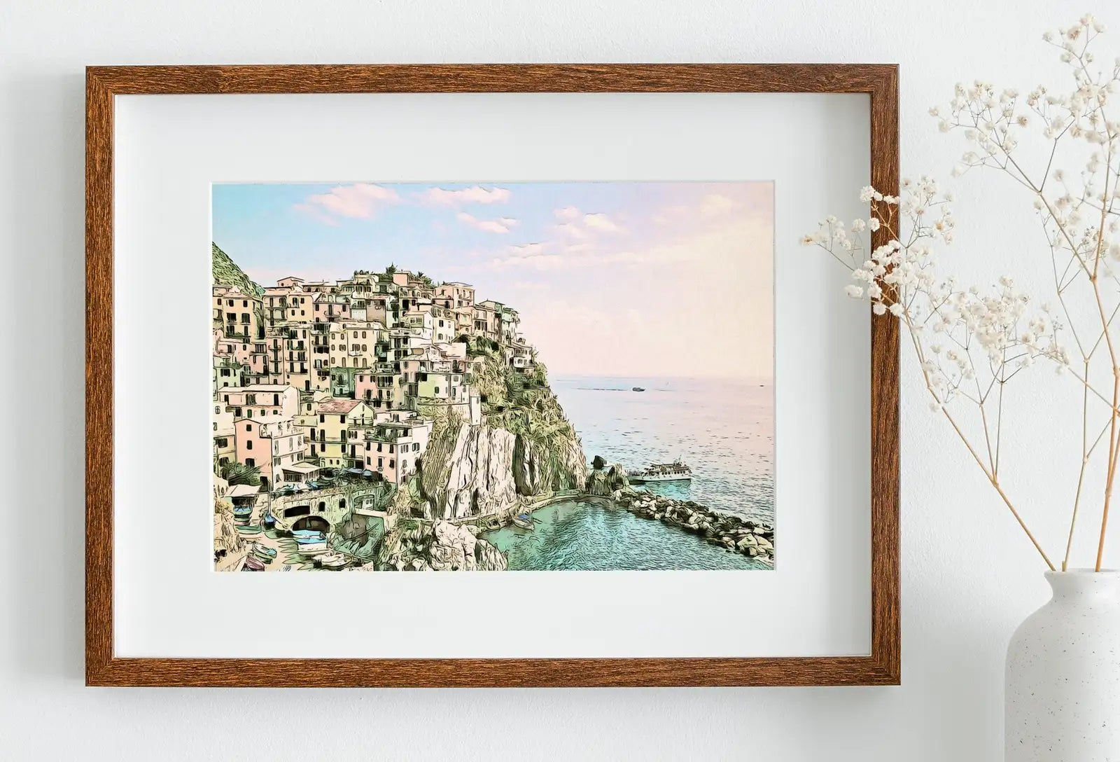 Detail view of artwork from Manarola Italy Wall Art Landscape Printable Wall Art. Instant Download Italy Poster Sunset Wall Art. Colorful Pastel Home Decor, Digital Art. (variation 1)