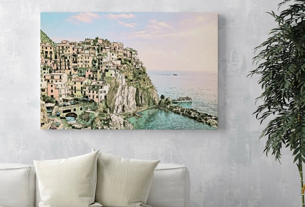Detail view of artwork from Manarola Italy Wall Art Landscape Printable Wall Art. Instant Download Italy Poster Sunset Wall Art. Colorful Pastel Home Decor, Digital Art. (variation 2)
