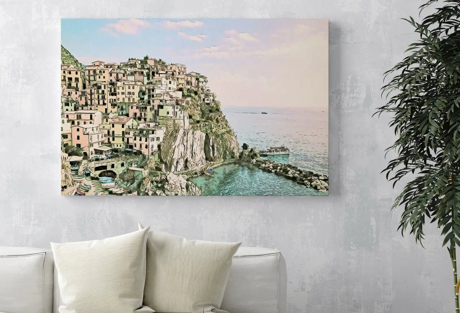 Detail view of artwork from Manarola Italy Wall Art Landscape Printable Wall Art. Instant Download Italy Poster Sunset Wall Art. Colorful Pastel Home Decor, Digital Art. (variation 2)
