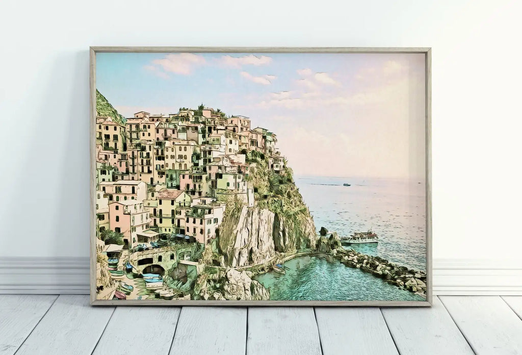 Detail view of artwork from Manarola Italy Wall Art Landscape Printable Wall Art. Instant Download Italy Poster Sunset Wall Art. Colorful Pastel Home Decor, Digital Art. (variation 6)