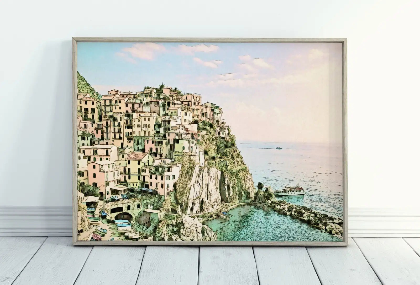 Detail view of artwork from Manarola Italy Wall Art Landscape Printable Wall Art. Instant Download Italy Poster Sunset Wall Art. Colorful Pastel Home Decor, Digital Art. (variation 6)