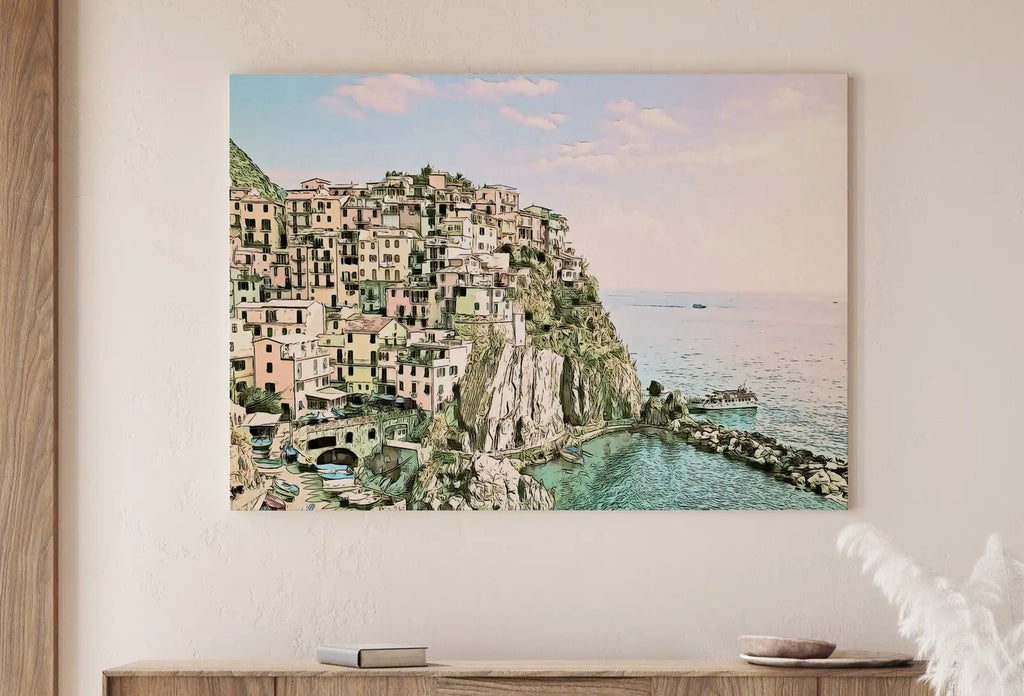 Detail view of artwork from Manarola Italy Wall Art Landscape Printable Wall Art. Instant Download Italy Poster Sunset Wall Art. Colorful Pastel Home Decor, Digital Art. (variation 7)