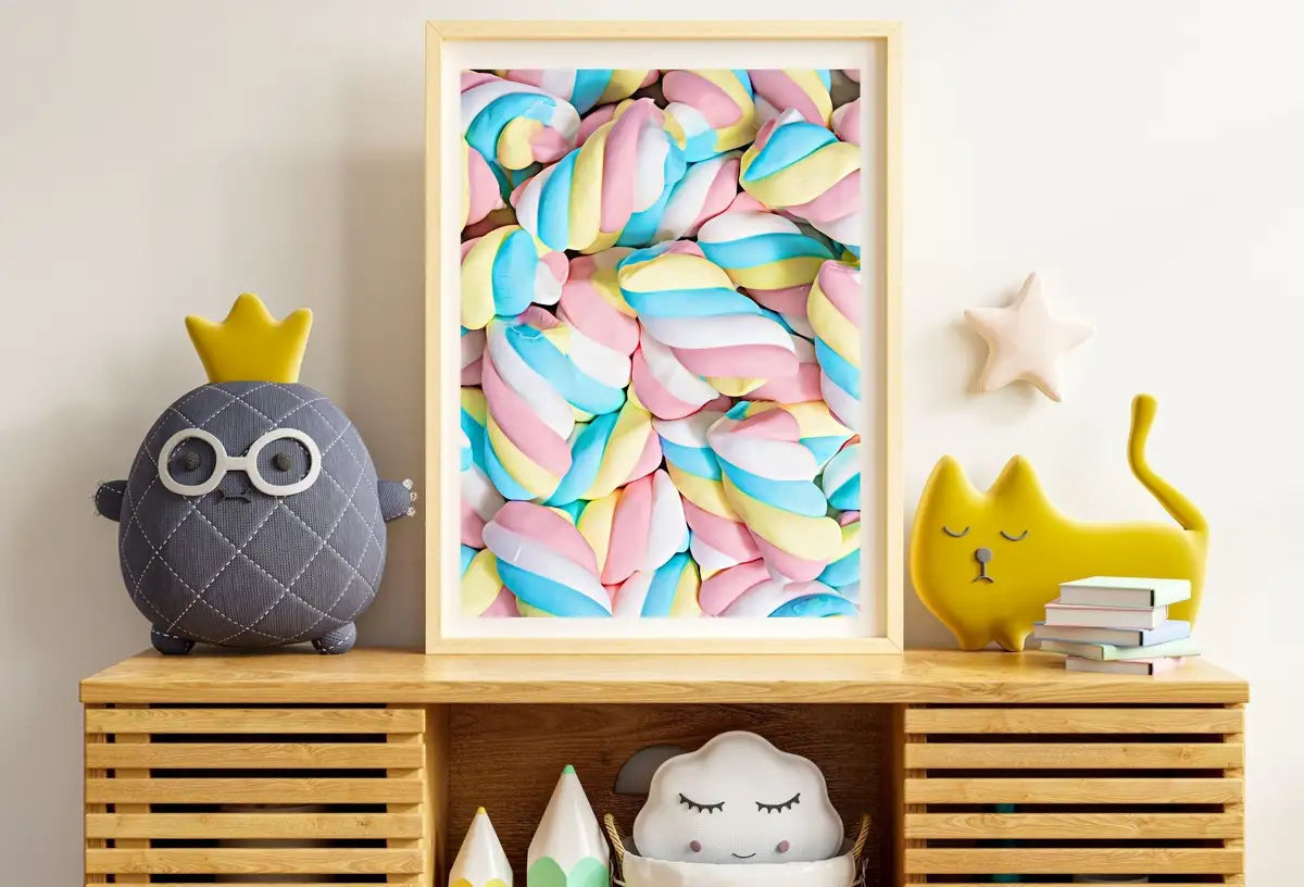 Detail view of artwork from Marshmallow Wall Poster, Pastel Candy Wall Print, Printable Wall Art, Instant Download Pastel Nursery Decor, Fun Wall Prints, Sweets Decor. (variation 2)