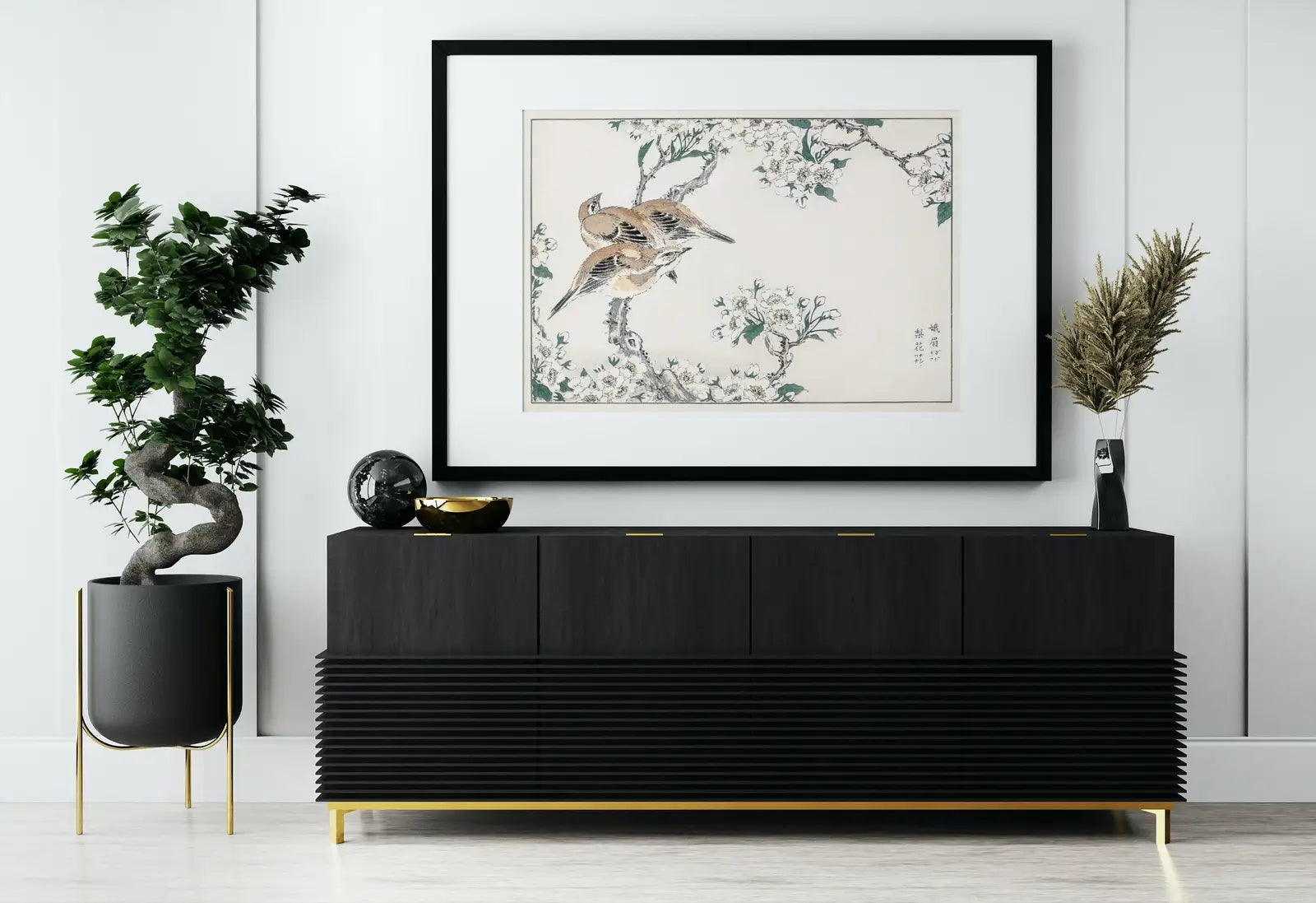 Detail view of artwork from Meadow Bunting and Pear Flower Vintage Japanese Painting. Japanese Wall Art Printable Poster. 19th Century Japanese Birds Vintage Wall Art. (variation 1)