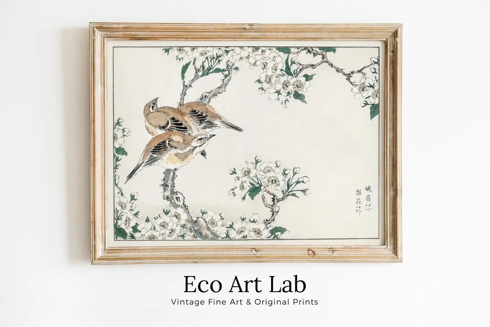 Framed view of Meadow Bunting and Pear Flower Vintage Japanese Painting. Japanese Wall Art Printable Poster. 19th Century Japanese Birds Vintage Wall Art – printable wall art digital download.
